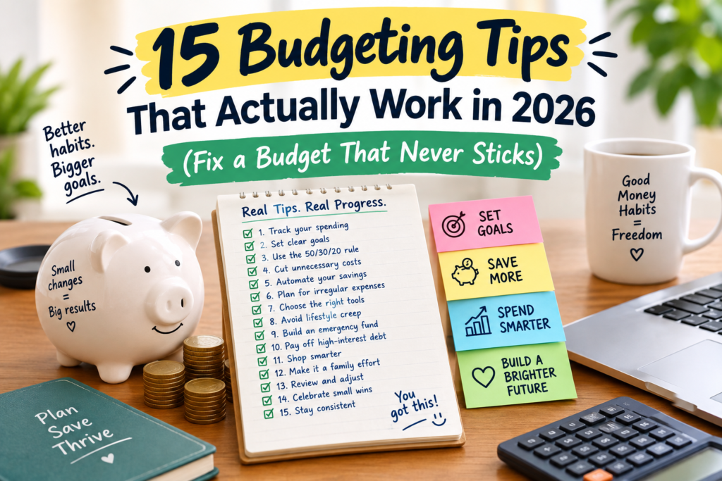 15 budgeting tips for 2026 checklist with calculator, coffee and notebook