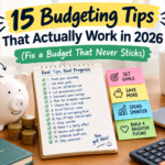 15 budgeting tips for 2026 checklist with calculator, coffee and notebook