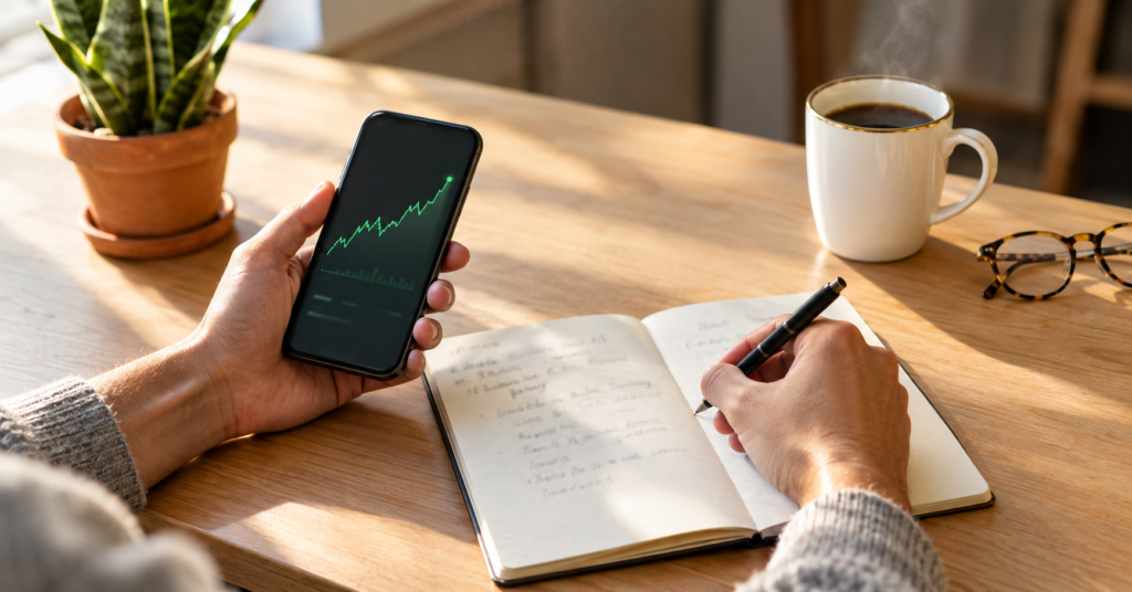 Person's hands resting on a wooden desk with a smartphone showing a rising chart, coffee mug, and notebook