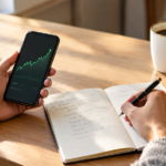 Person's hands resting on a wooden desk with a smartphone showing a rising chart, coffee mug, and notebook