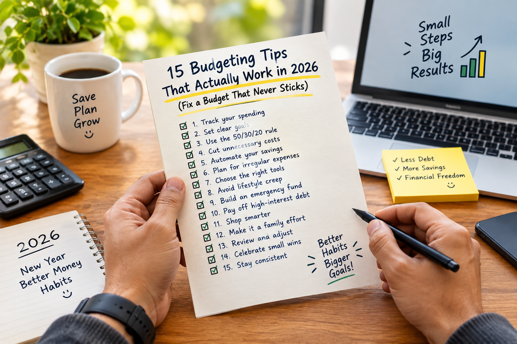 15 budgeting tips for 2026 checklist with calculator, coffee and notebook