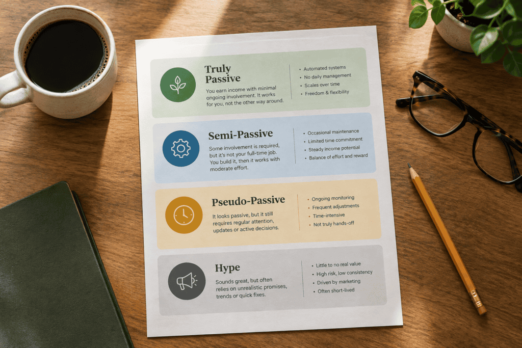 Infographic showing four tiers of passive income laid on a desk with coffee and glasses
