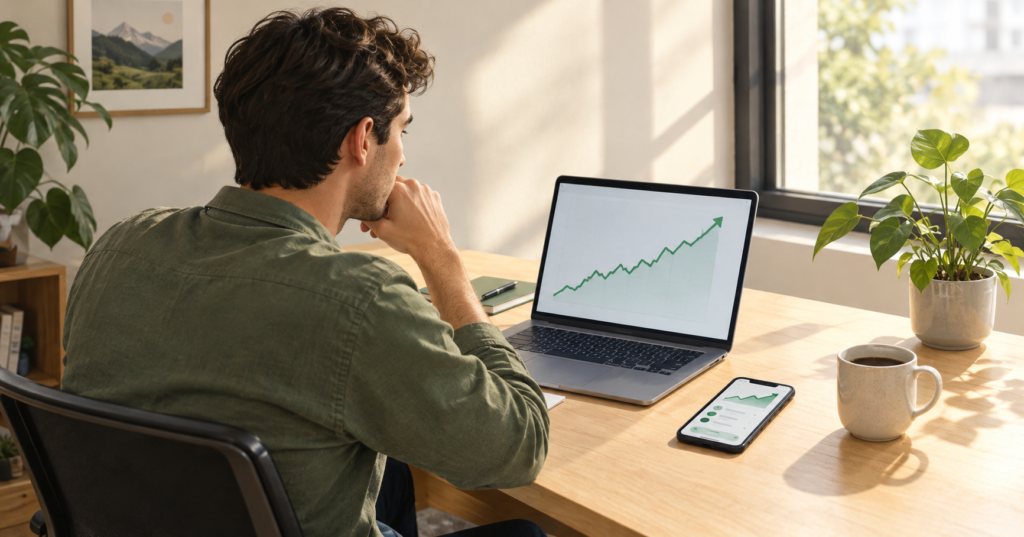 Beginner investor setting up an automatic index fund investment on a smartphone