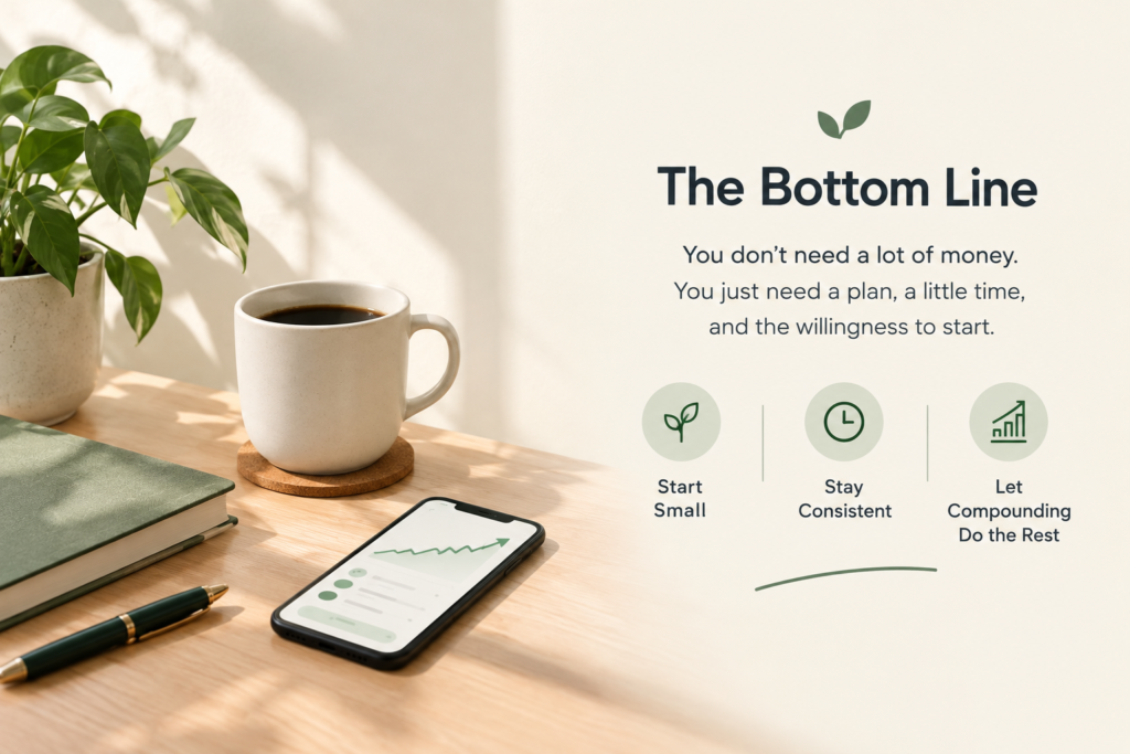 Minimalist investing infographic with a coffee mug, smartphone displaying an upward-trending investment chart, and green plant on a wooden desk beside the message “The Bottom Line,” emphasizing starting small, staying consistent, and letting compound growth build wealth.