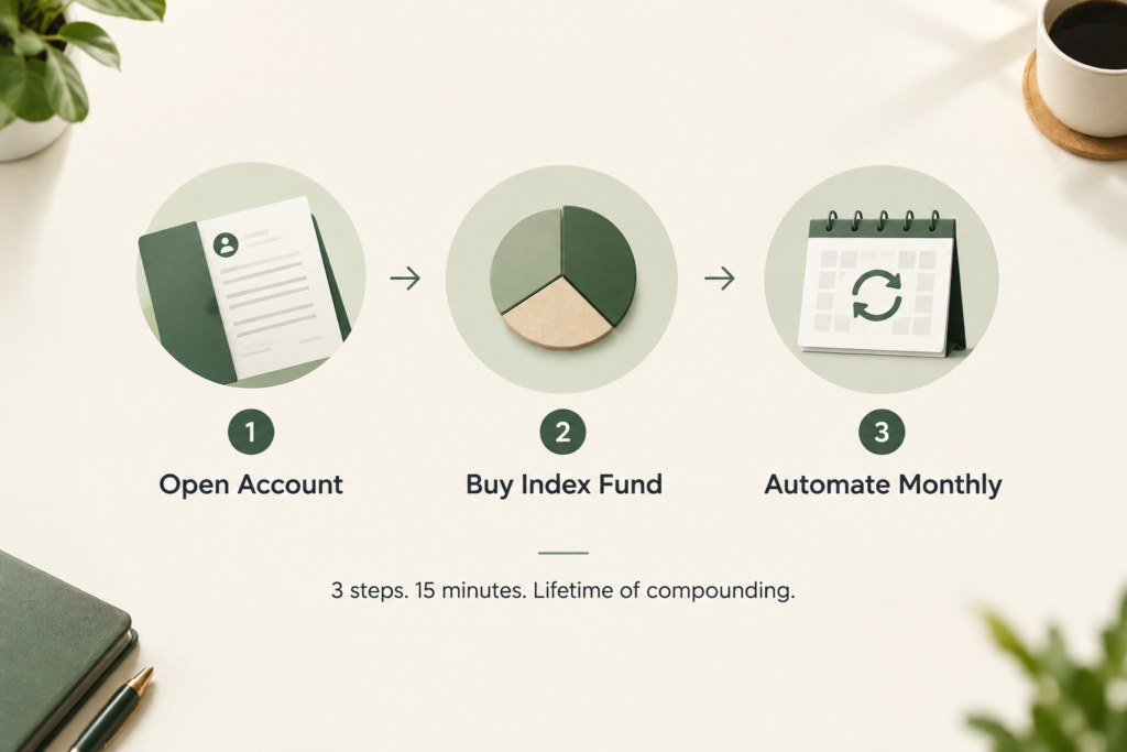 Three-step beginner investing plan: open account, buy index fund, automate